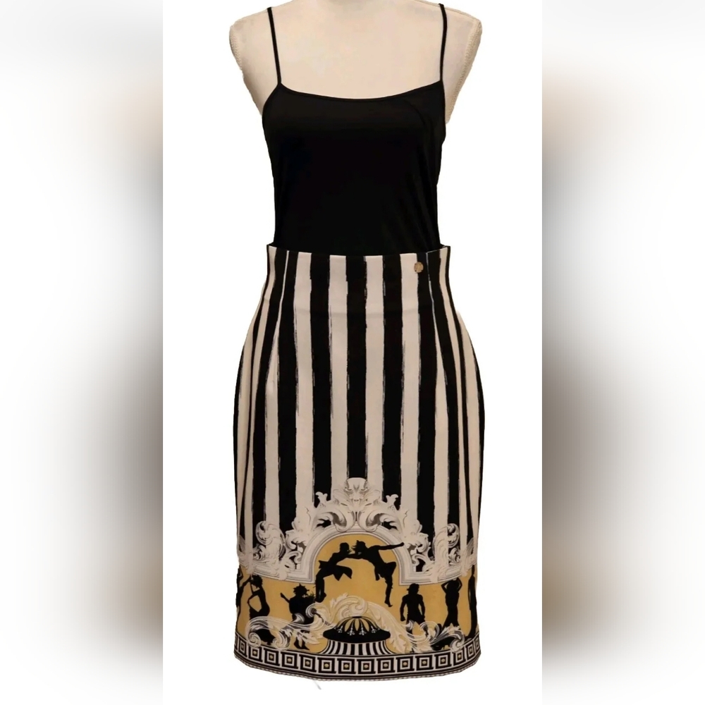 Versace Collection Baroque Greek Key Black Gold Stripe Fully Lined Midi Skirt - Picture 4 of 15